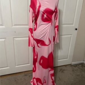 Pink & Red Abstract Maxi Dress - Long Sleeve Elegant Style